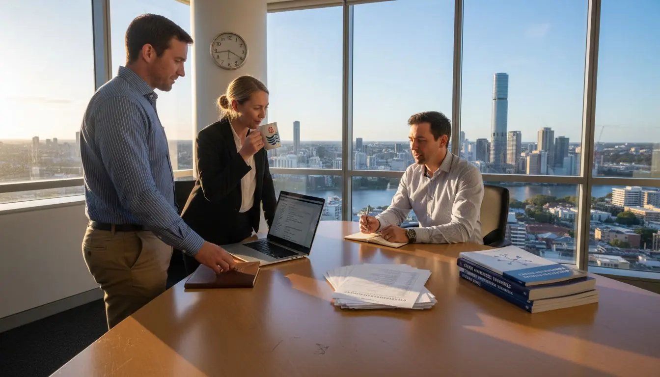 Cybersecurity team reviews policies in Brisbane office