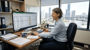 IT manager reviewing cyber framework in office