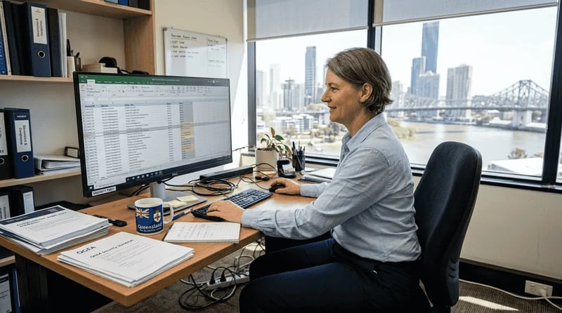 IT manager reviewing cyber framework in office