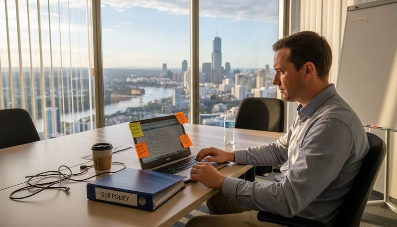 IT manager reviewing compliance in Queensland office