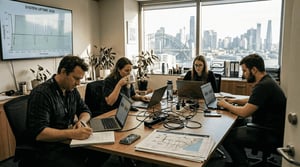 IT support team reviewing dashboards in office