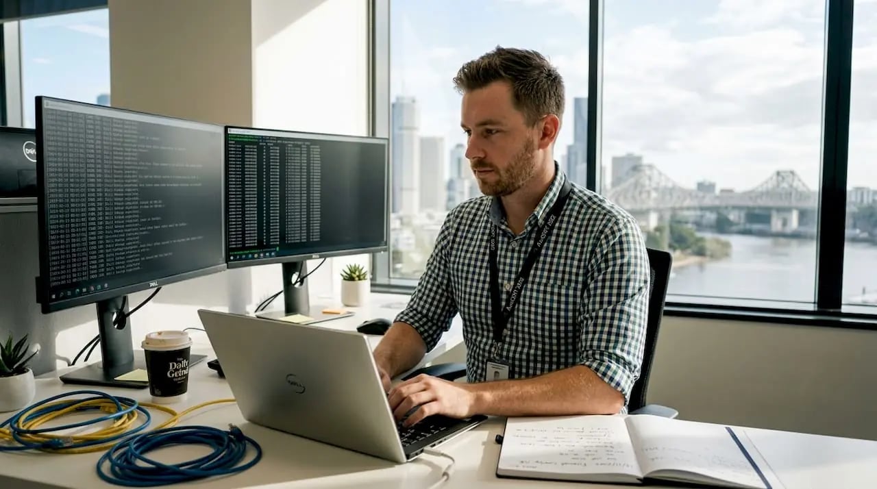 IT technician checking network in Brisbane office