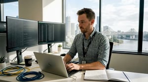 IT technician checking network in Brisbane office