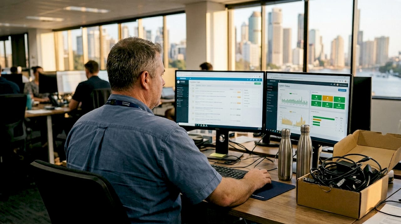 IT technician monitoring systems in busy city office