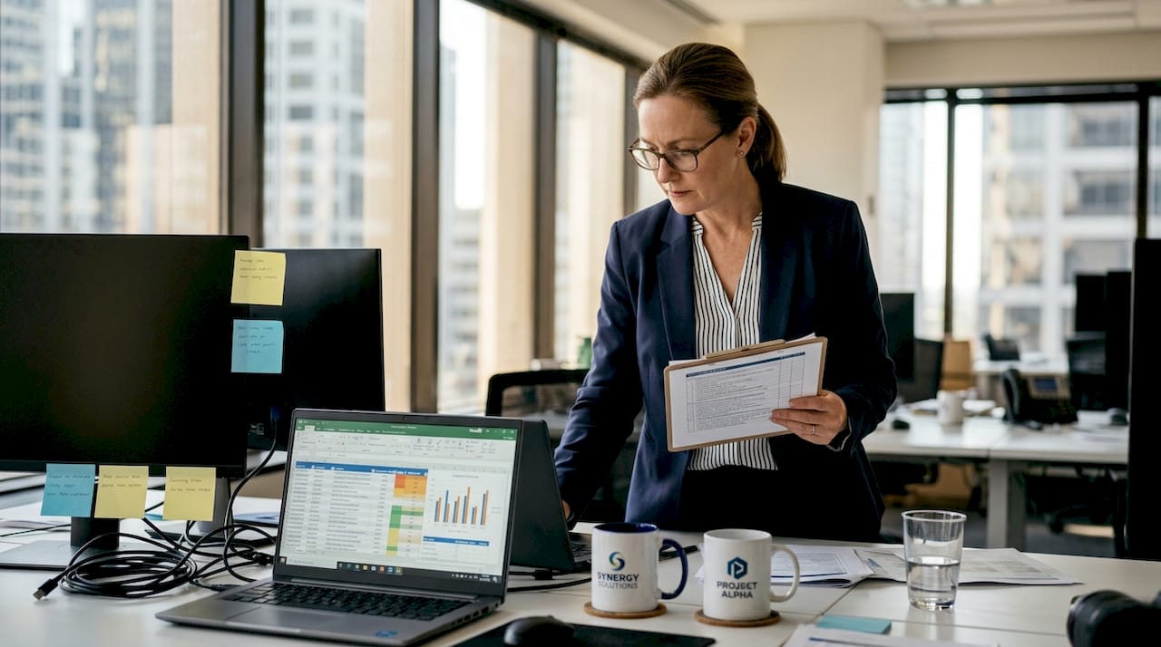 Manager reviewing IT checklist in office workspace