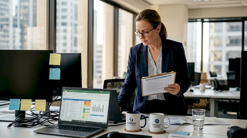 Manager reviewing IT checklist in office workspace