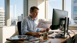 IT manager reviews roadmap in corner office