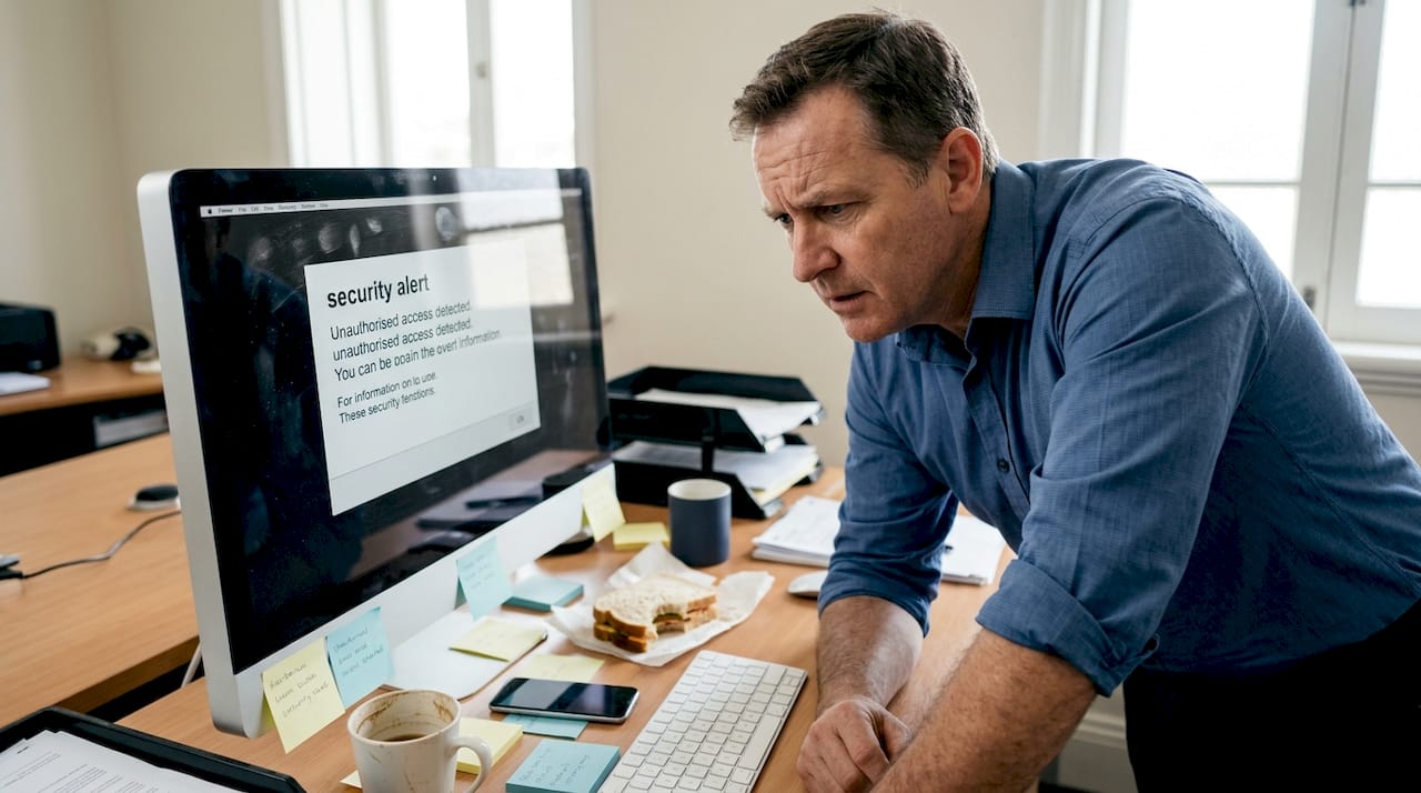 Business owner checks cybersecurity alert on computer