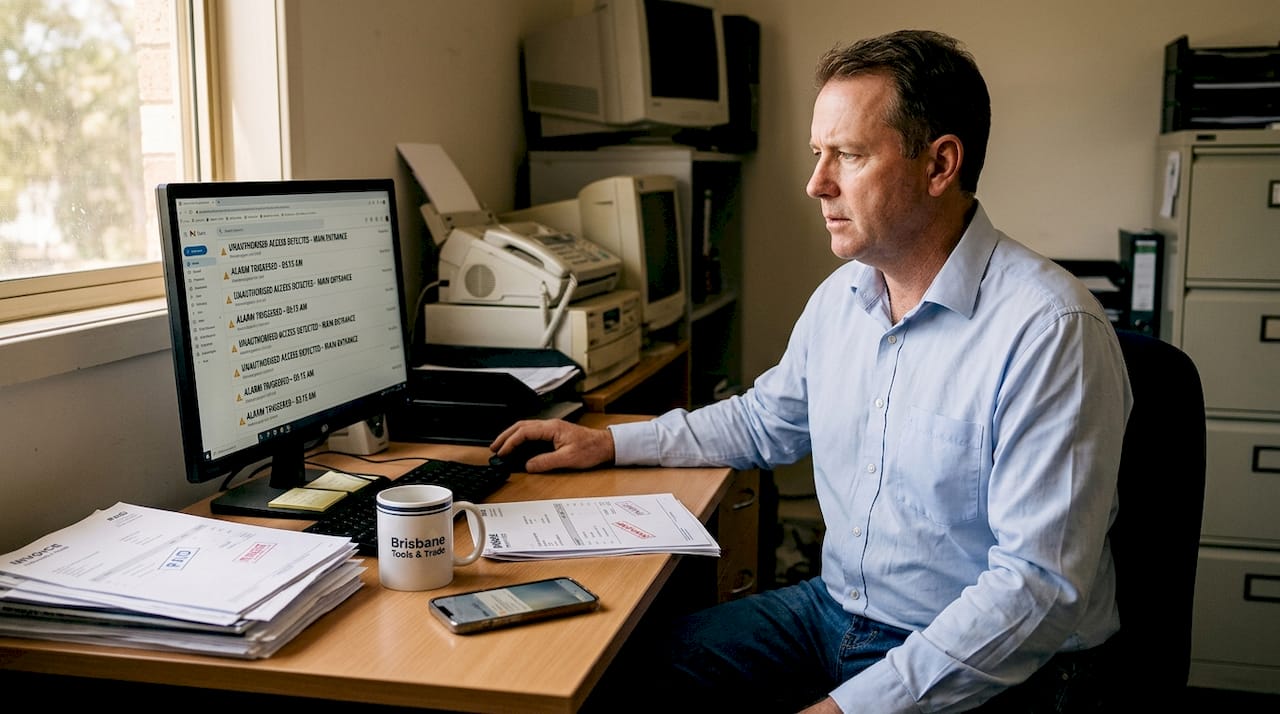 Business owner reviewing threat monitoring alerts