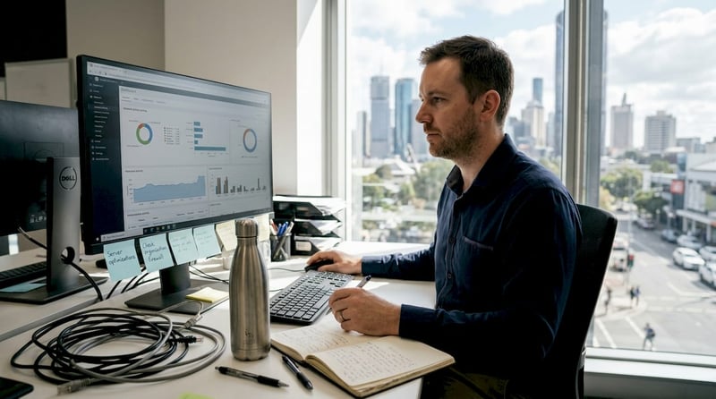 IT manager in Brisbane office reviewing network security