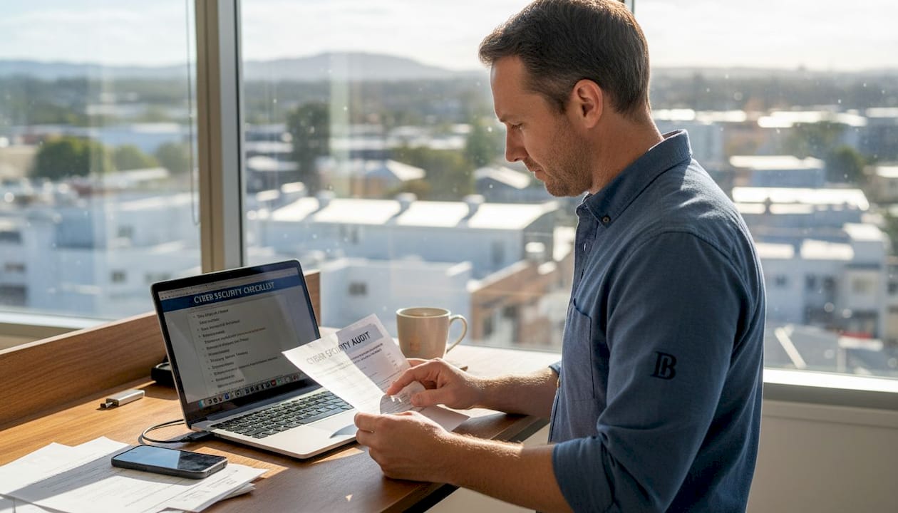 Business owner reviewing data security checklist