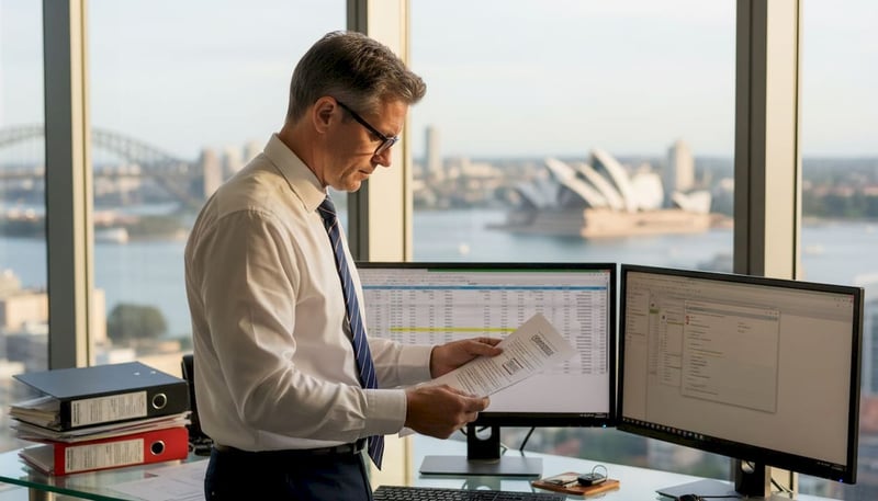 Finance manager reviews cybersecurity report in office