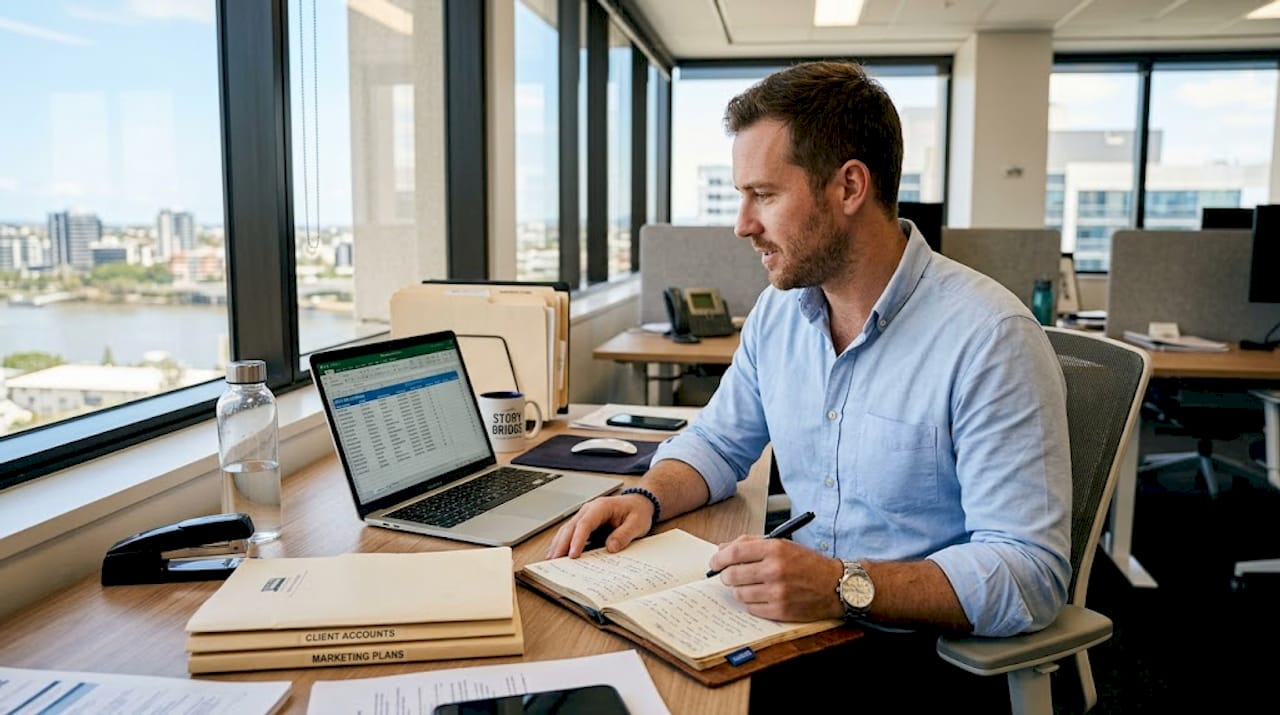 Business owner reviews data inventory at office desk