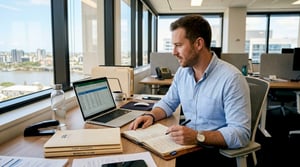 Business owner reviews data inventory at office desk