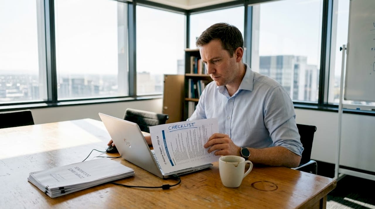 IT manager reviewing compliance checklist at office table