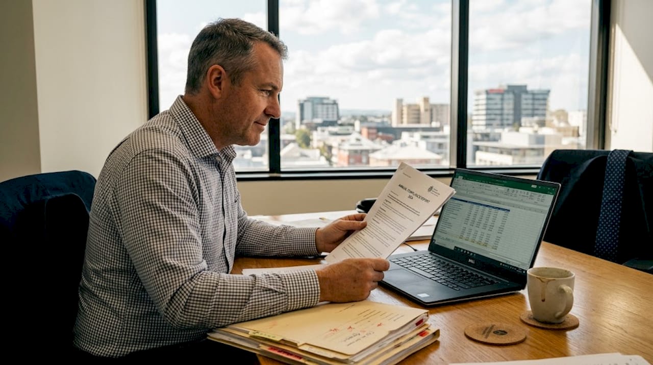 Queensland business owner reviewing compliance paperwork