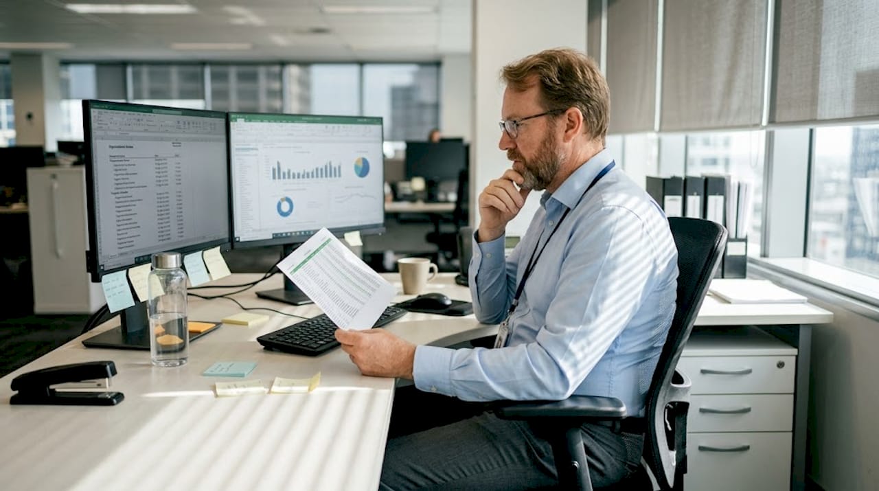 IT manager reviews document migration in office