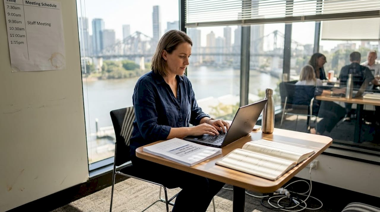 Woman working at SME office desk on compliance