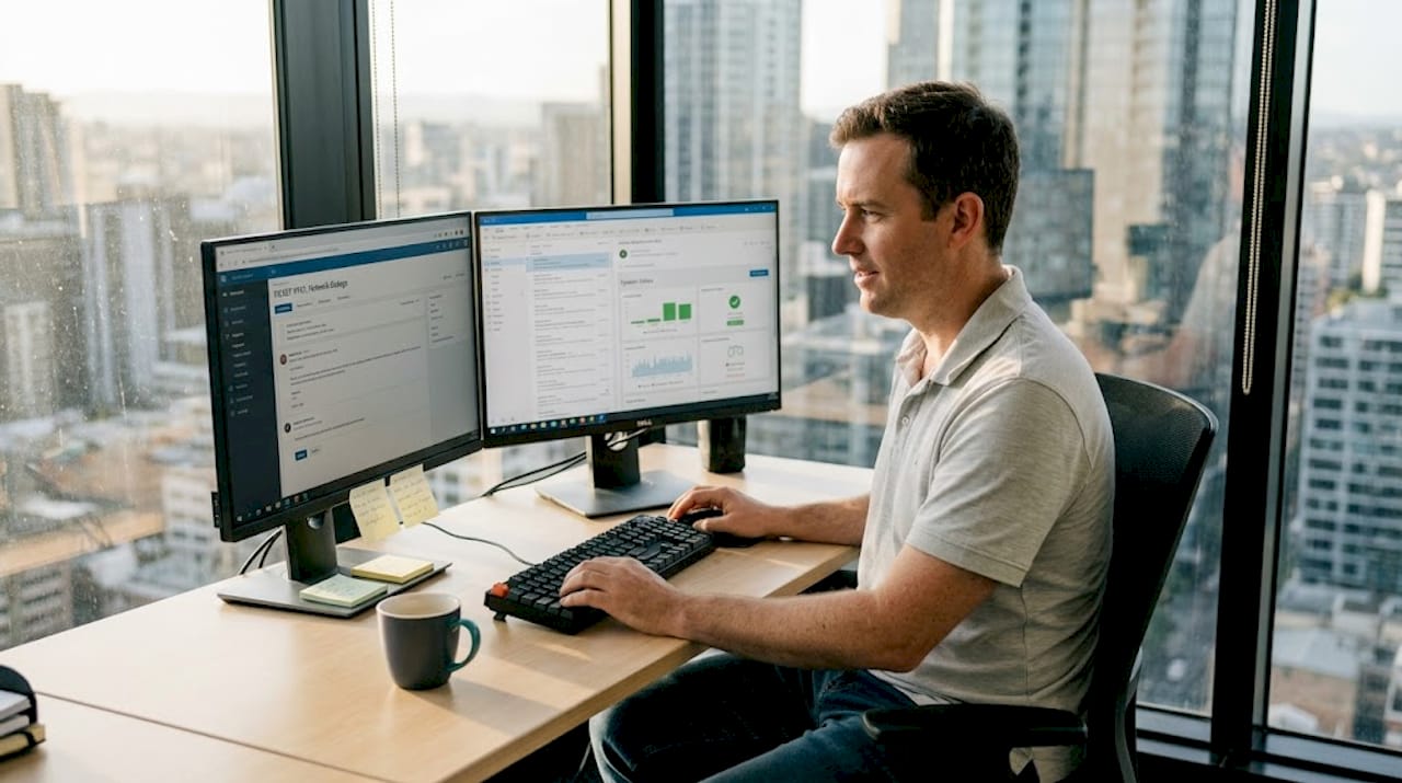 IT manager reviews support ticket in office