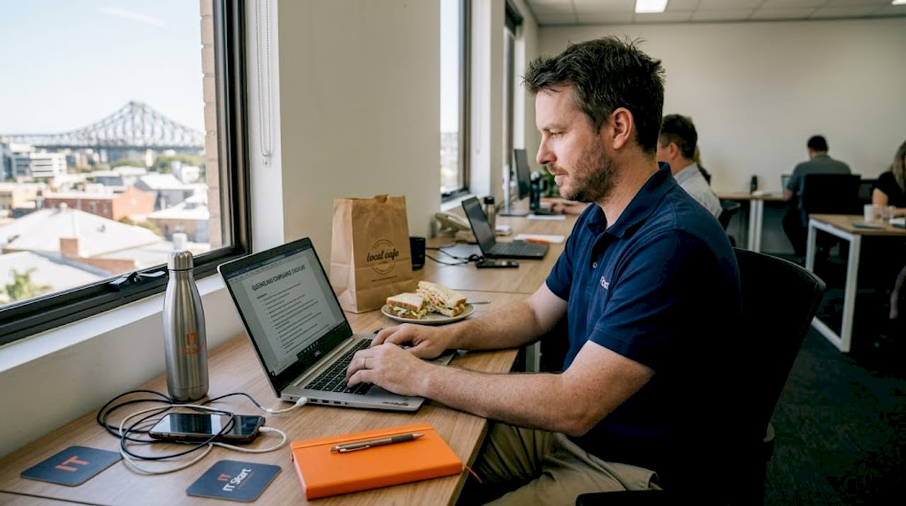 IT manager handling compliance checklist in Brisbane office