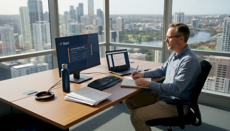 IT manager reviews certification stack in Brisbane office
