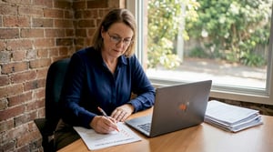 Business owner reviews compliance checklist in small office