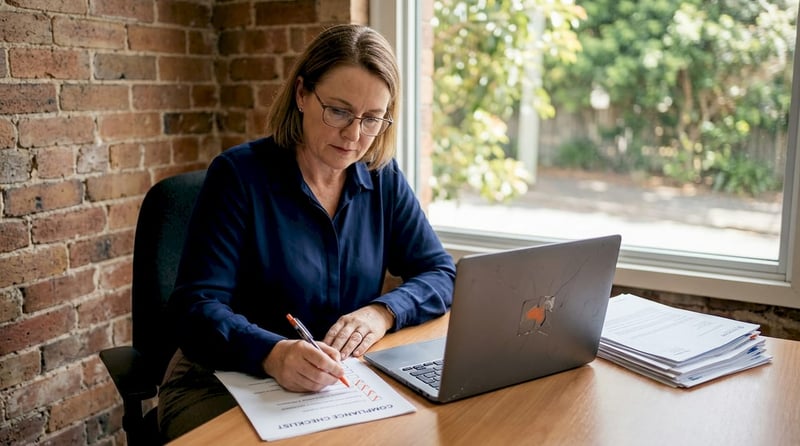 Business owner reviews compliance checklist in small office