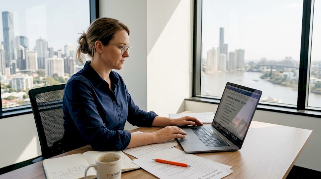 IT manager reviewing compliance checklist in office