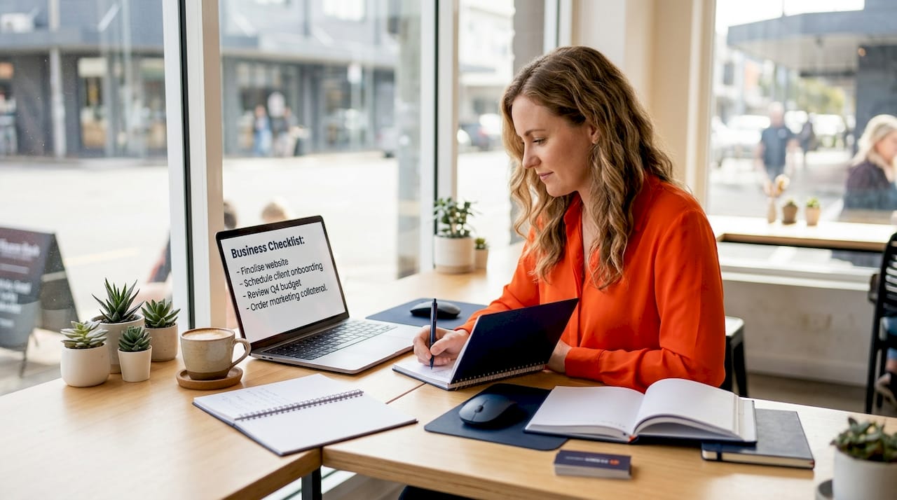 Business owner reviewing security checklist at desk