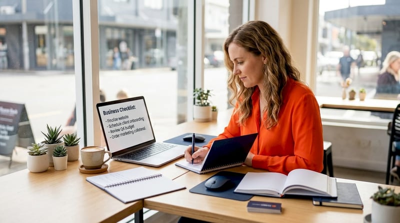 Business owner reviewing security checklist at desk