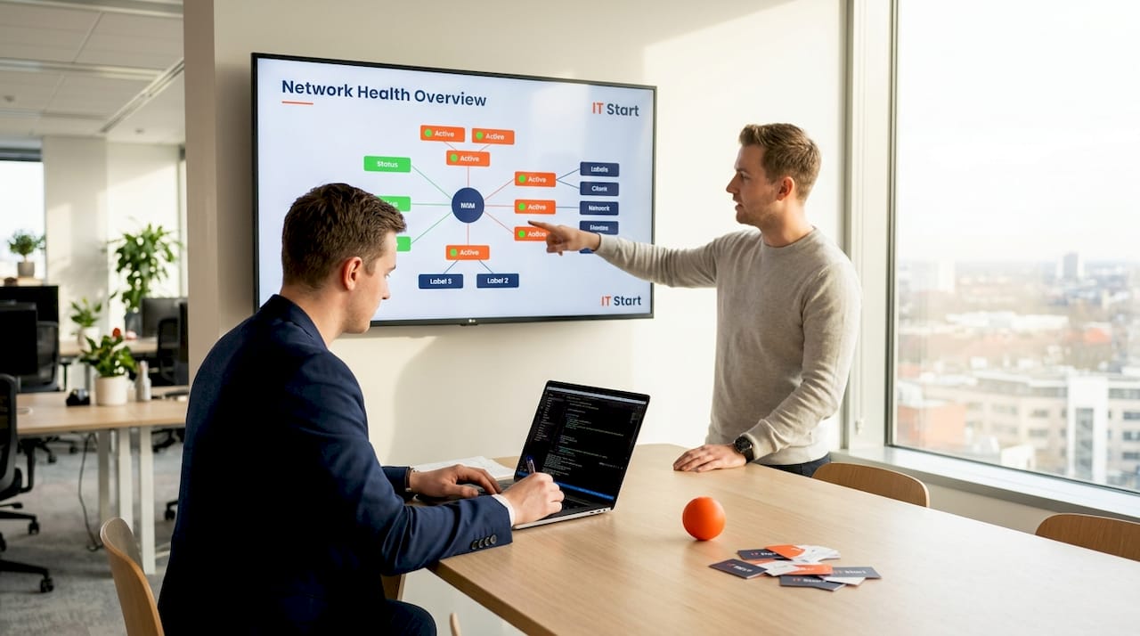 IT professionals reviewing network map in office