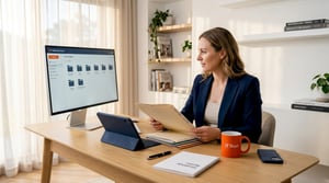Business owner reviewing cloud storage files in office