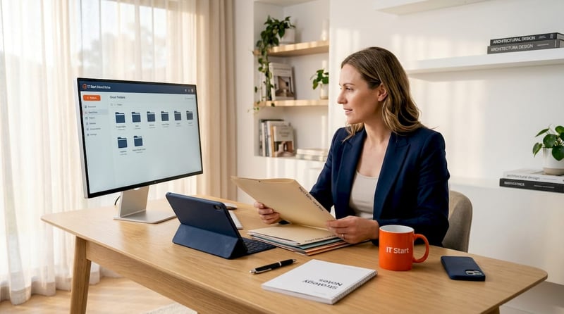 Business owner reviewing cloud storage files in office