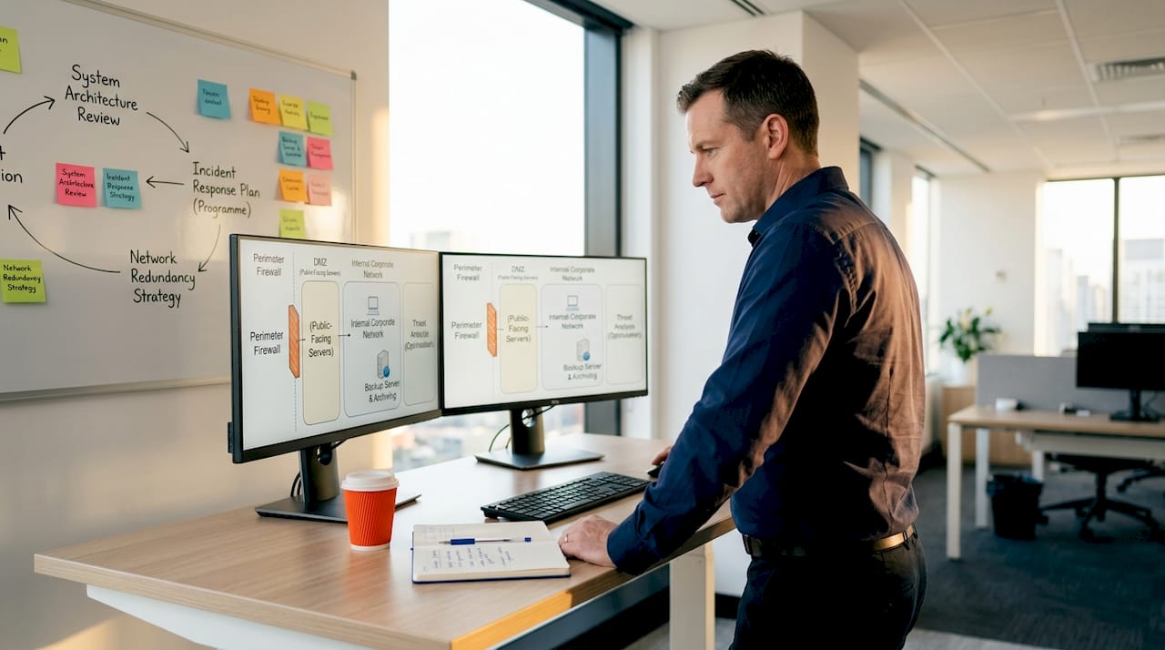 IT manager reviewing network diagram in office