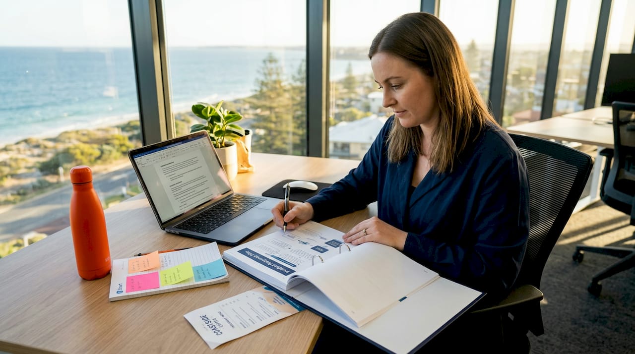 Businesswoman reviewing incident response binder