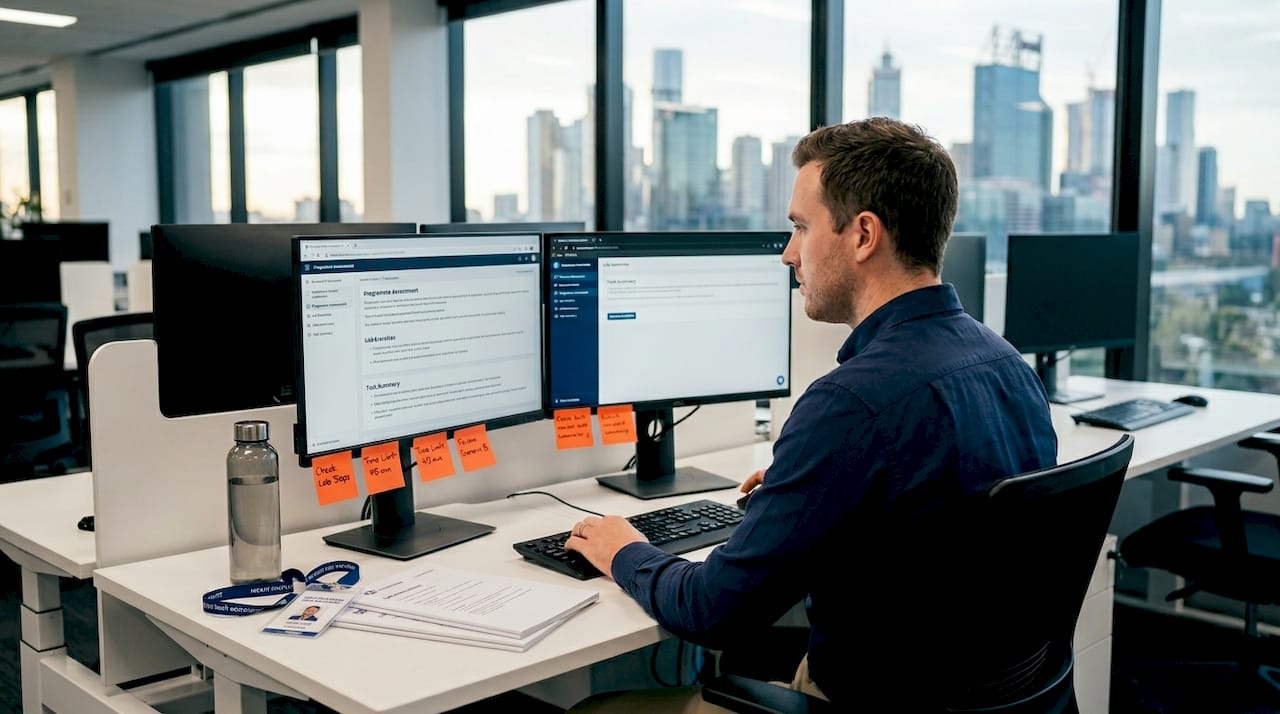 IT professional taking scenario-based exam in office
