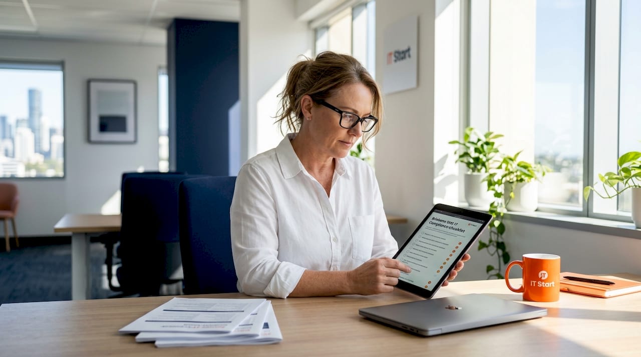 SME owner checks compliance checklist in office