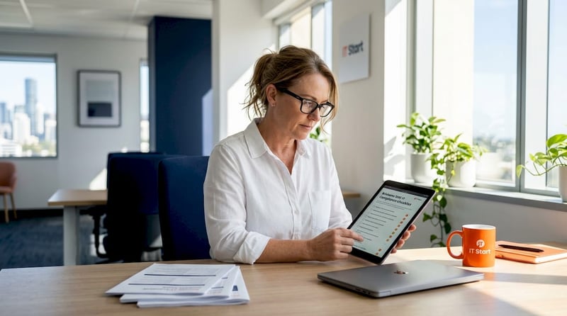 SME owner checks compliance checklist in office