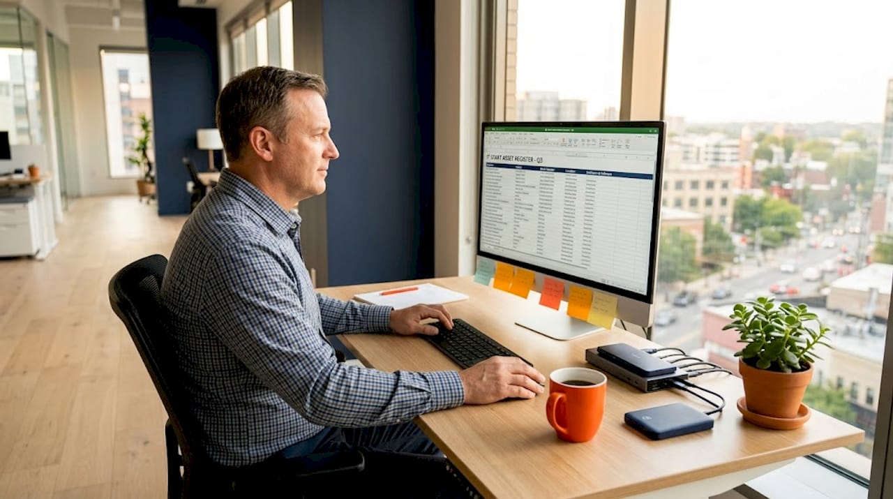 IT manager tracking assets in office workspace