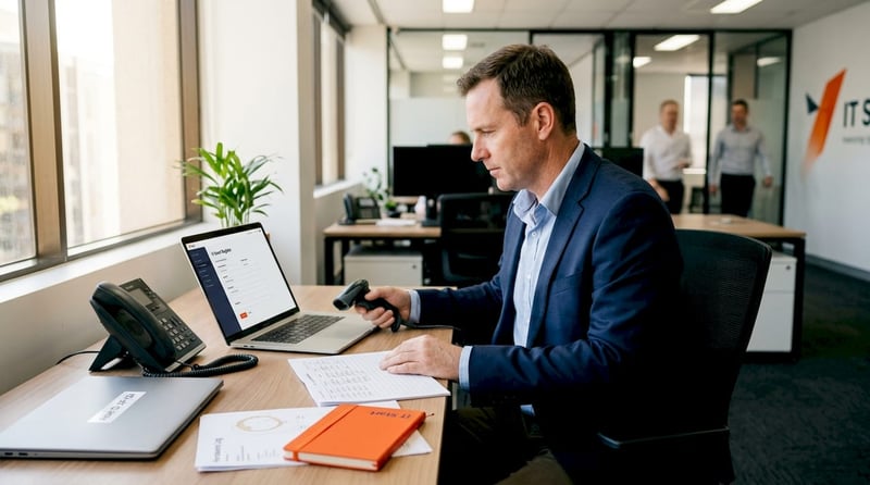 IT manager tracking assets at desk
