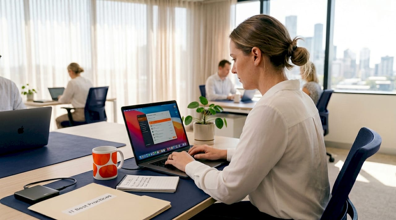 Brisbane SMB worker using password manager at desk