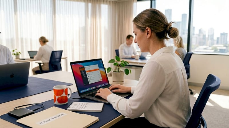 Brisbane SMB worker using password manager at desk