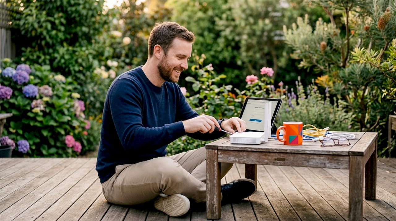 Man configuring secure home router workspace