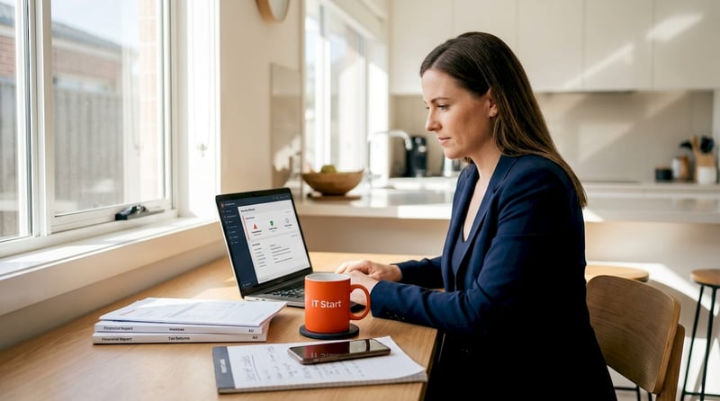 Business owner reviewing cybersecurity alerts on laptop