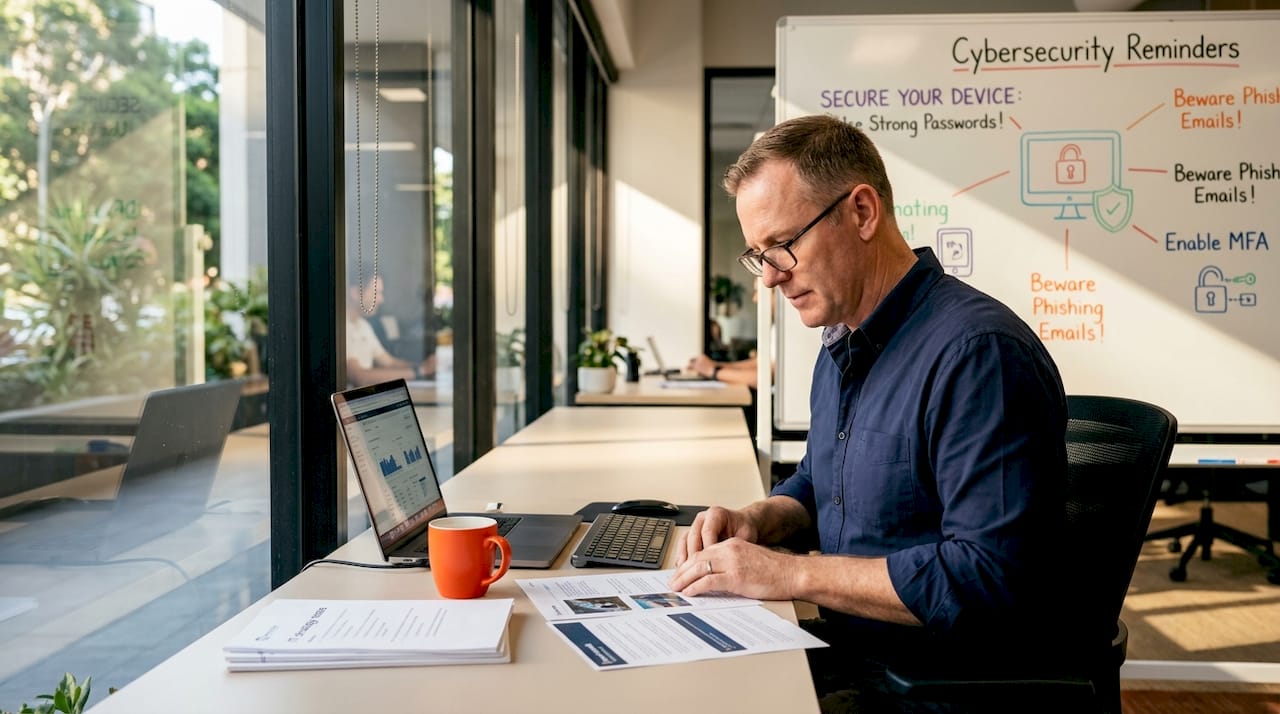 Small business owner reviewing IT strategy notes