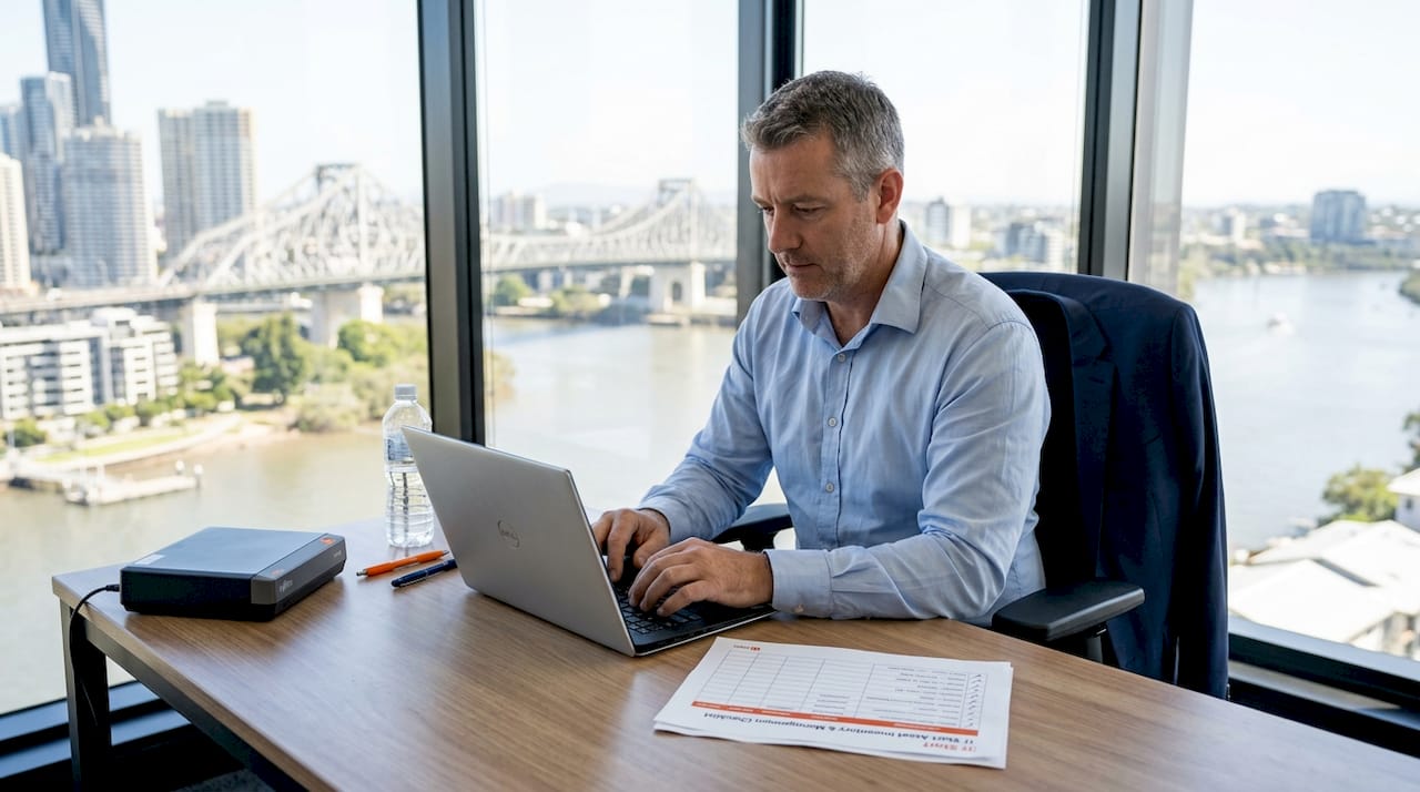 IT manager reviewing asset checklist in office