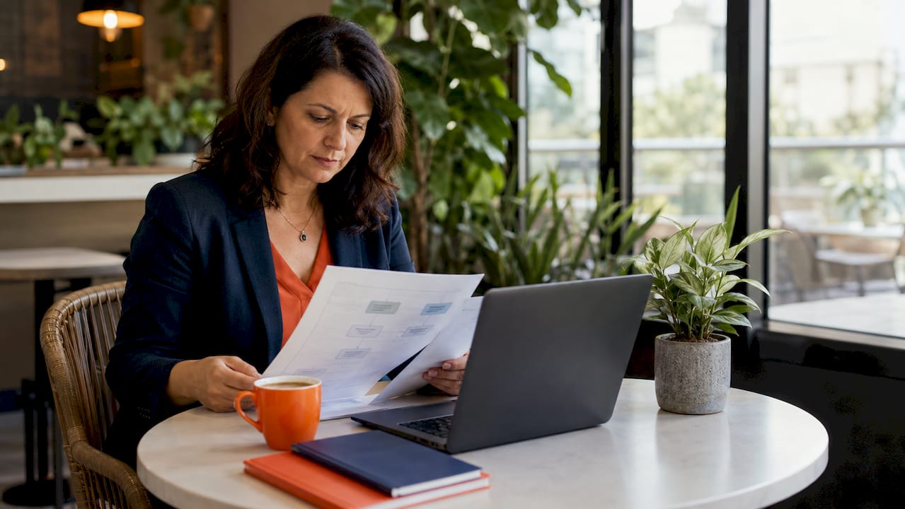 IT manager reviewing ITIL cybersecurity documents in office