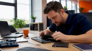 IT specialist troubleshooting laptop in office