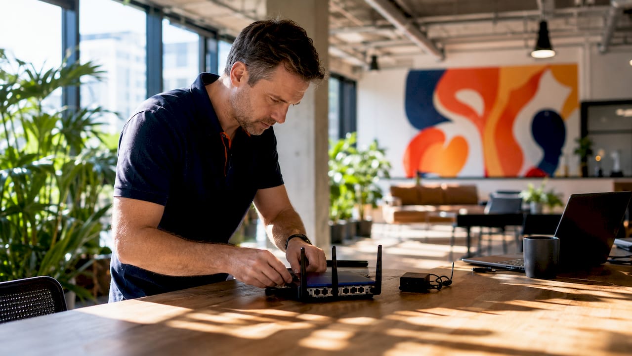 IT technician inspecting network equipment