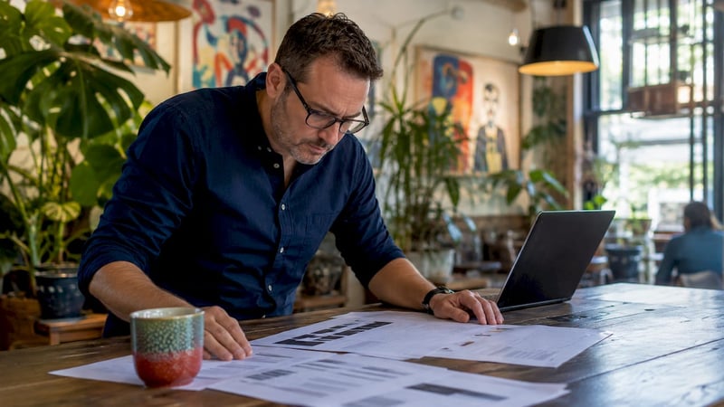 IT manager working on cybersecurity documents in Brisbane office